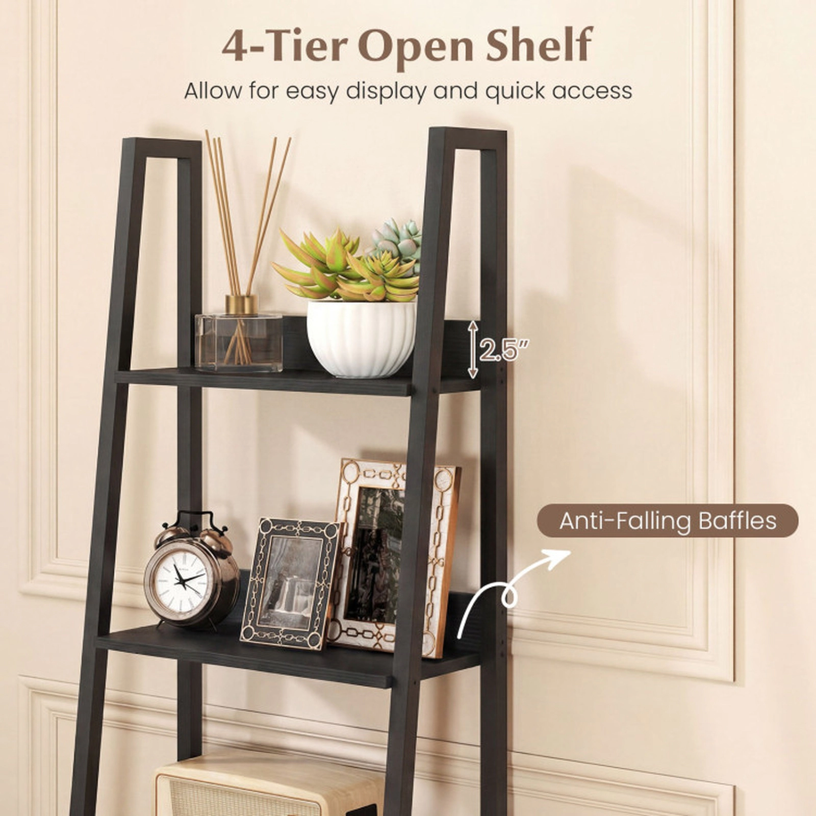 SUGIFT 5-Tier Ladder Bookshelf with Fabric Drawer 44-lb Shelf Capacity Black