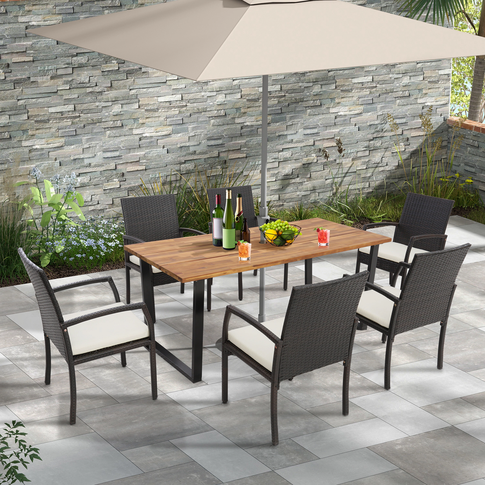 LJG Patio Rattan Dining Set with Umbrella Hole-L-Shaped Handrail
