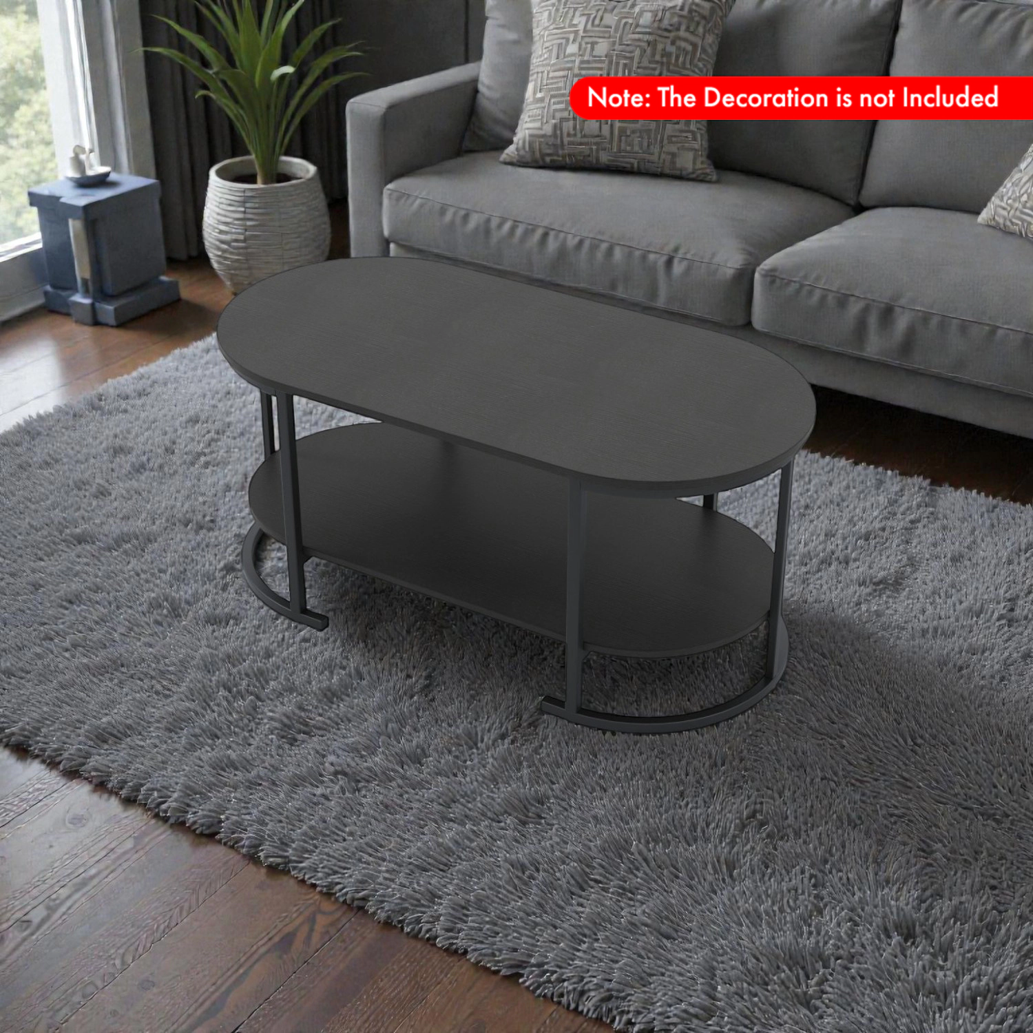 Hivvago Spacious Two-Layer Wooden Coffee Table with Oval Top and Storage Shelf
