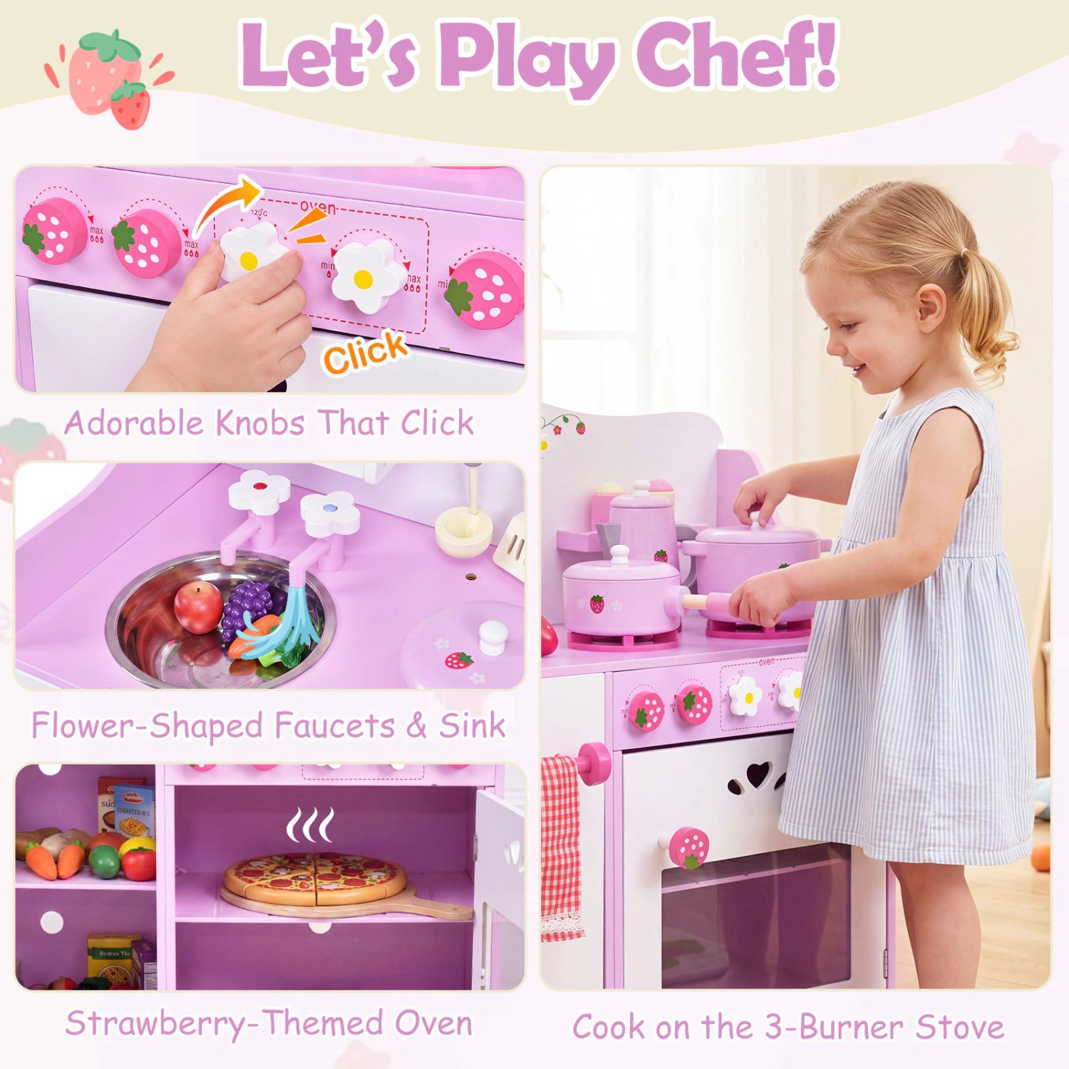 Hivvago Kids Wooden Kitchen Toy Strawberry Pretend Cooking Playset