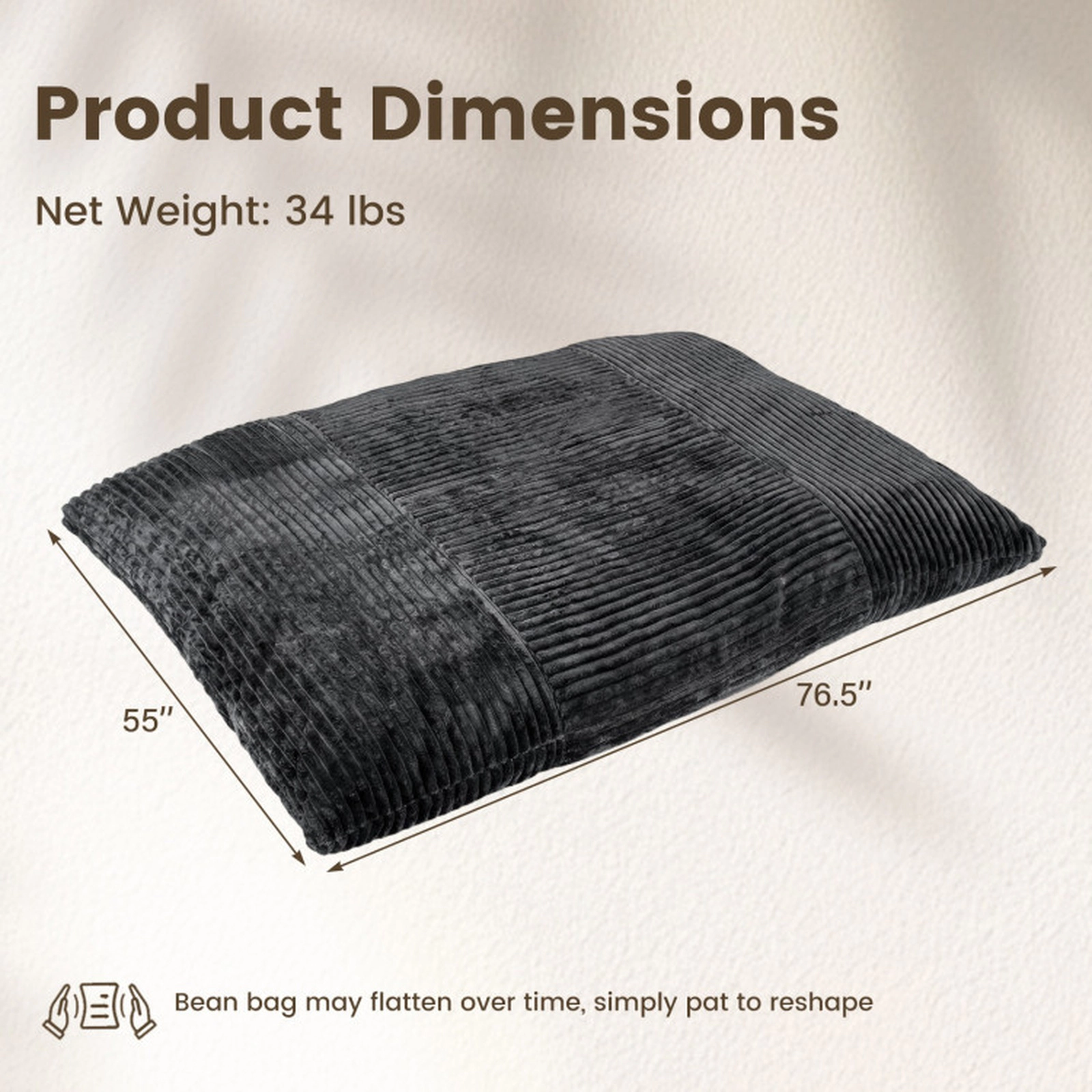 SUGIFT Convertible Dark Gray Corduroy Bean Bag Sofa Bed, 76.5 in