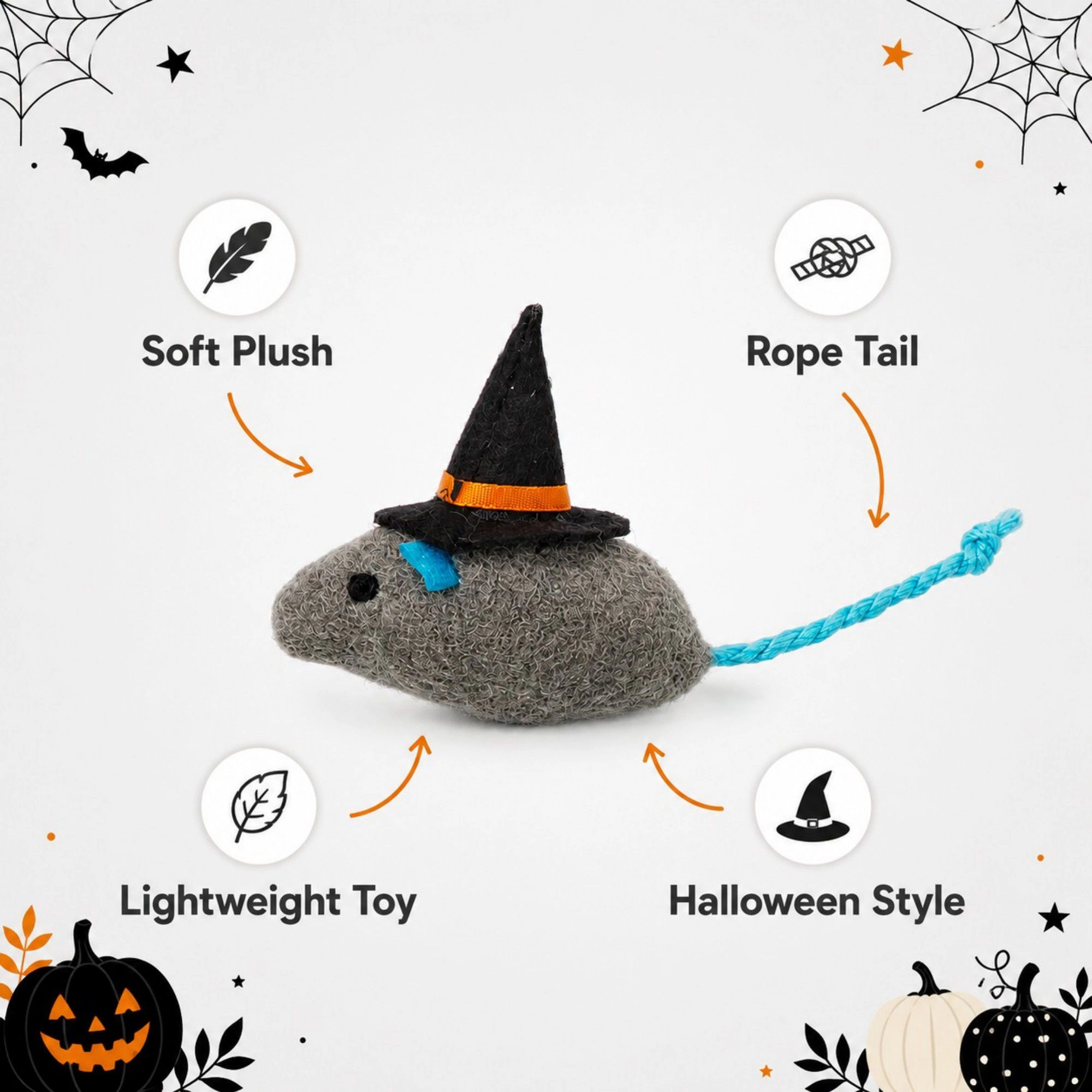 Alilang Pet Halloween Witch Mouse Plush Rope Tail Cat Toy