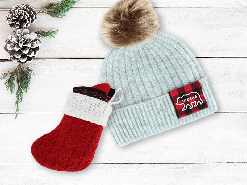 David & Young Women's Mama Bear Beanie Hat with Plaid Patch and Pom