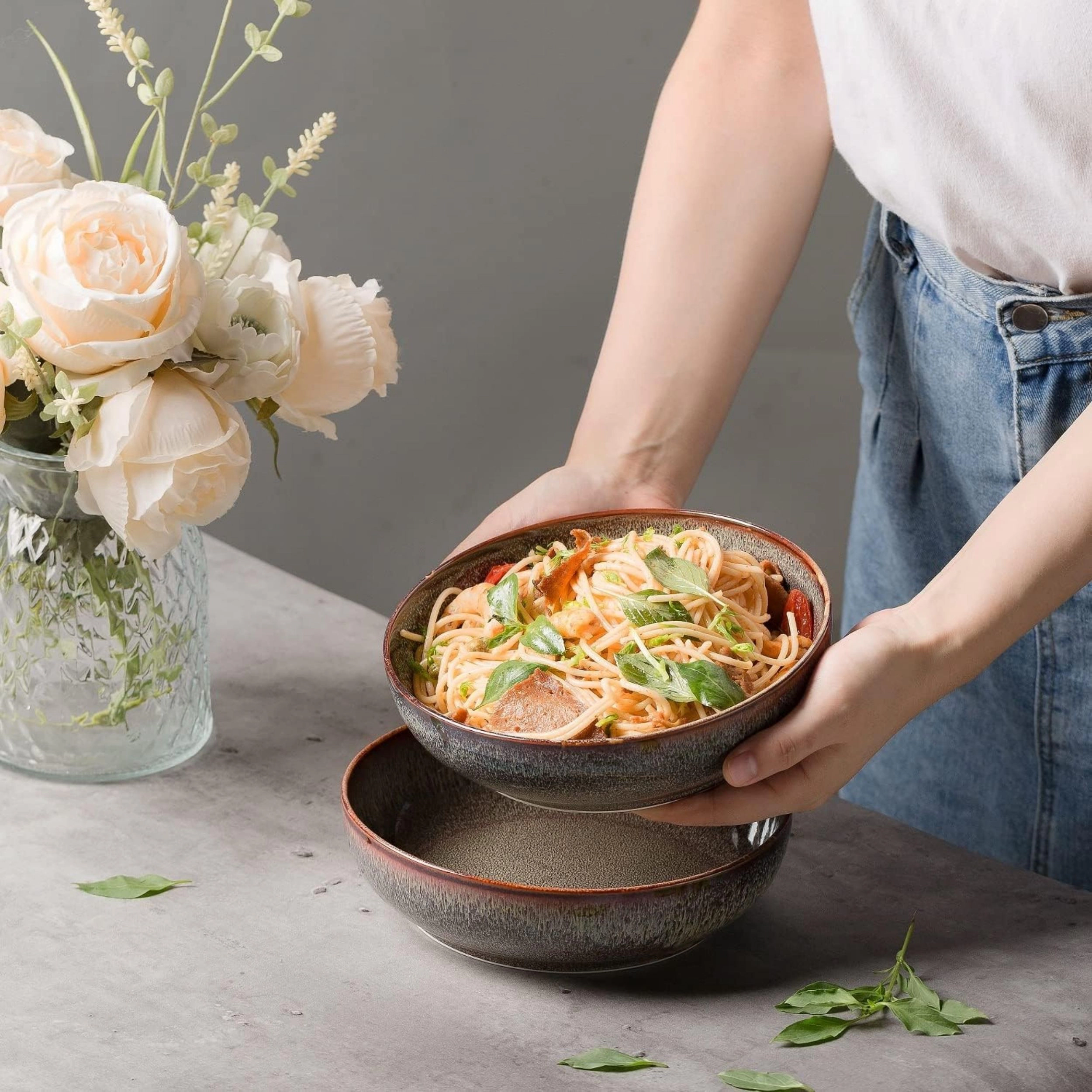 Stock Preferred Pack of 4 30 oz Ceramic Pasta and Salad Serving Bowls 8 Inch