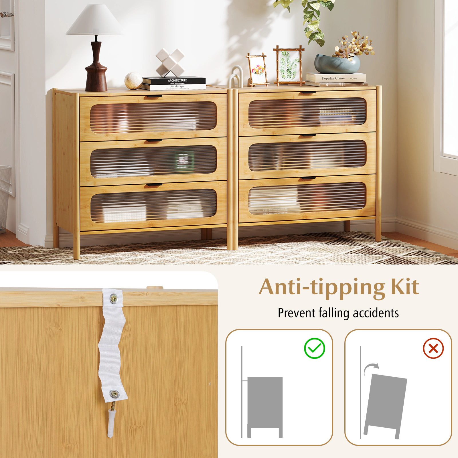 SUGIFT 3 Drawer Mid Century Chest of Drawers Natural with Reeded Tempered Glass Front