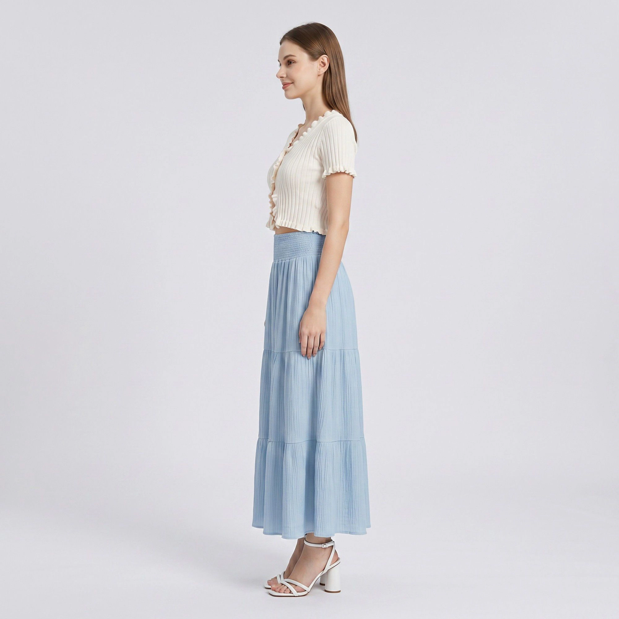 Anna-Kaci Women's High Waist Smocked Tiered Boho Textured Maxi Skirt
