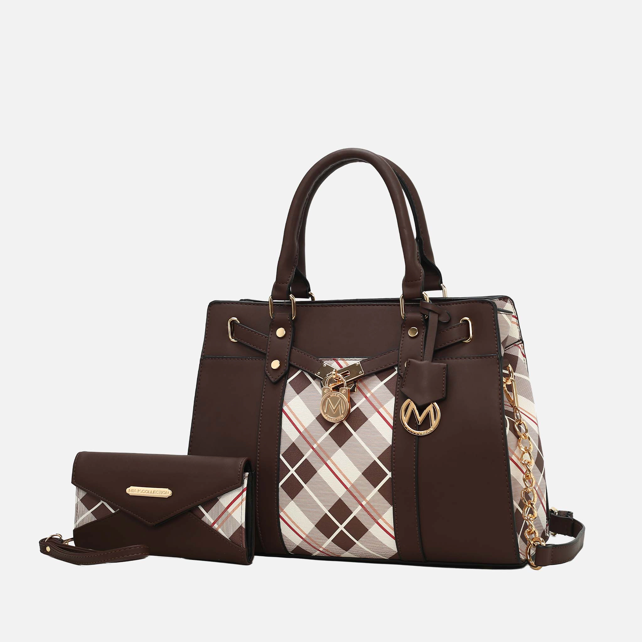 MKF Collection Christine Plaid Vegan Leather Satchel with Wristlet Wallet - Coffee