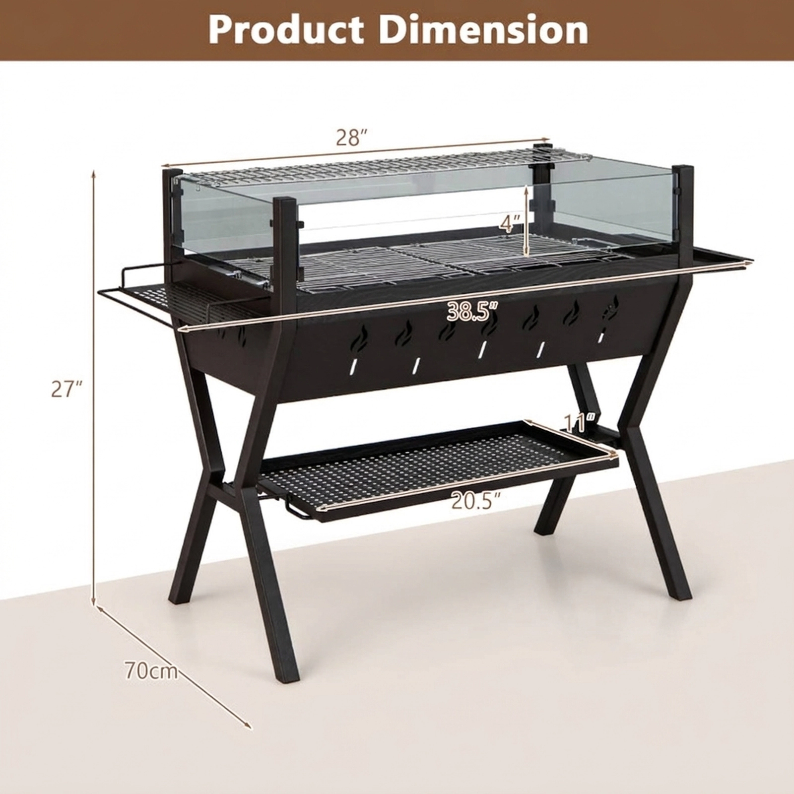 SUGIFT 3-in-1 Black Charcoal Grill with Glass Wind Guard and Seasoning Racks 38.5-in W 16.5-in D 27-in H