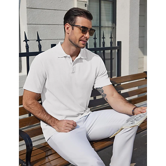 COOFANDY Mens Textured Polo Shirts Short Sleeve Button Collar Striped Casual Tops