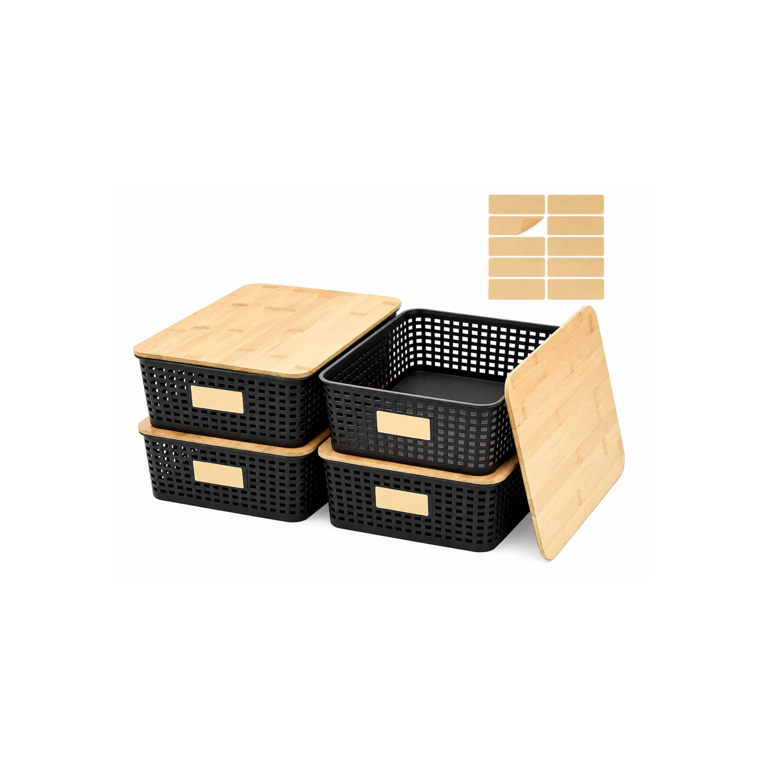 Stock Preferred Stackable Plastic Storage Bin with Bamboo Lid and Labels