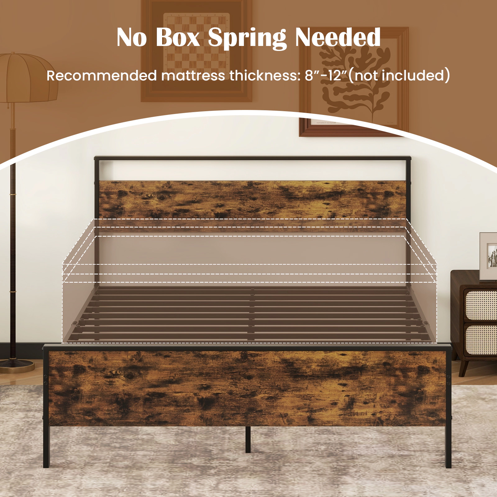 SUGIFT Rustic Wood & Metal Queen Platform Bed Frame with Headboard & Footboard 800-lb Capacity 84-in Length Rustic Brown
