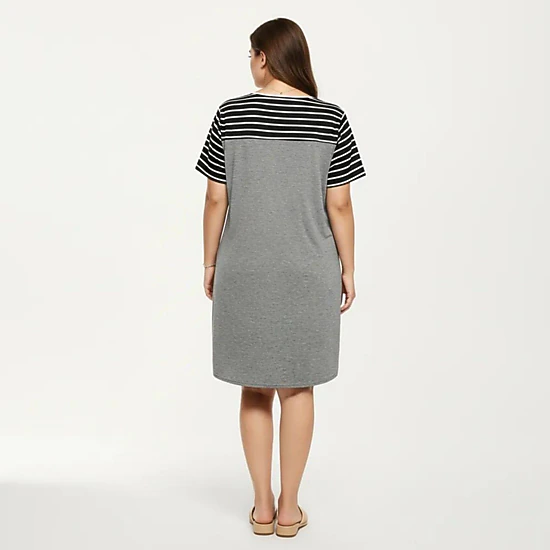 Anna-Kaci Women's Plus Size Short Sleeve Stripe Contrast Top Color Block T Shirt Dress