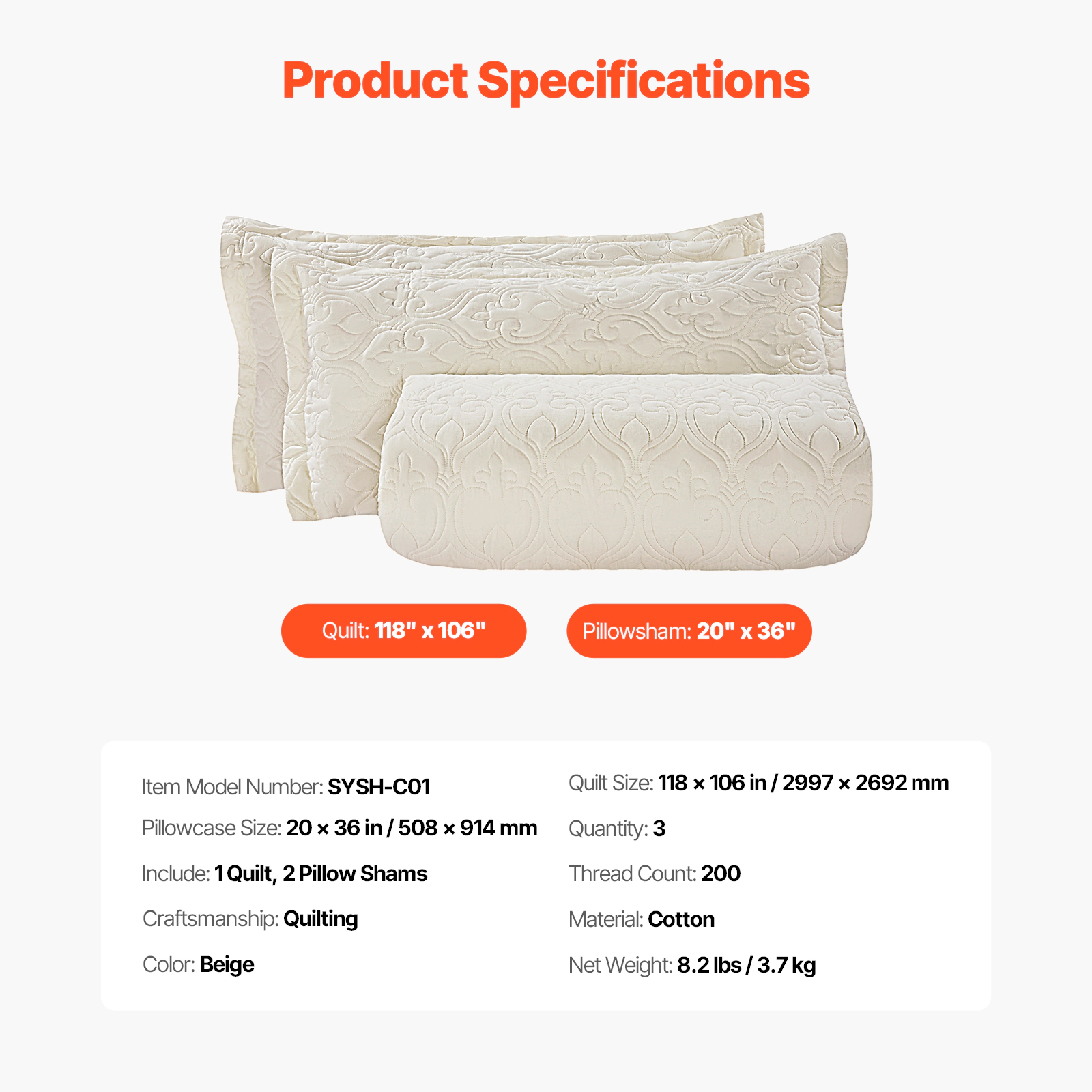 HONGGE Quilt Set, 3-Piece Lightweight Comforter, Bedding Set, Beige Bedspreads with 1 Quilt and 2 Pillow Shams