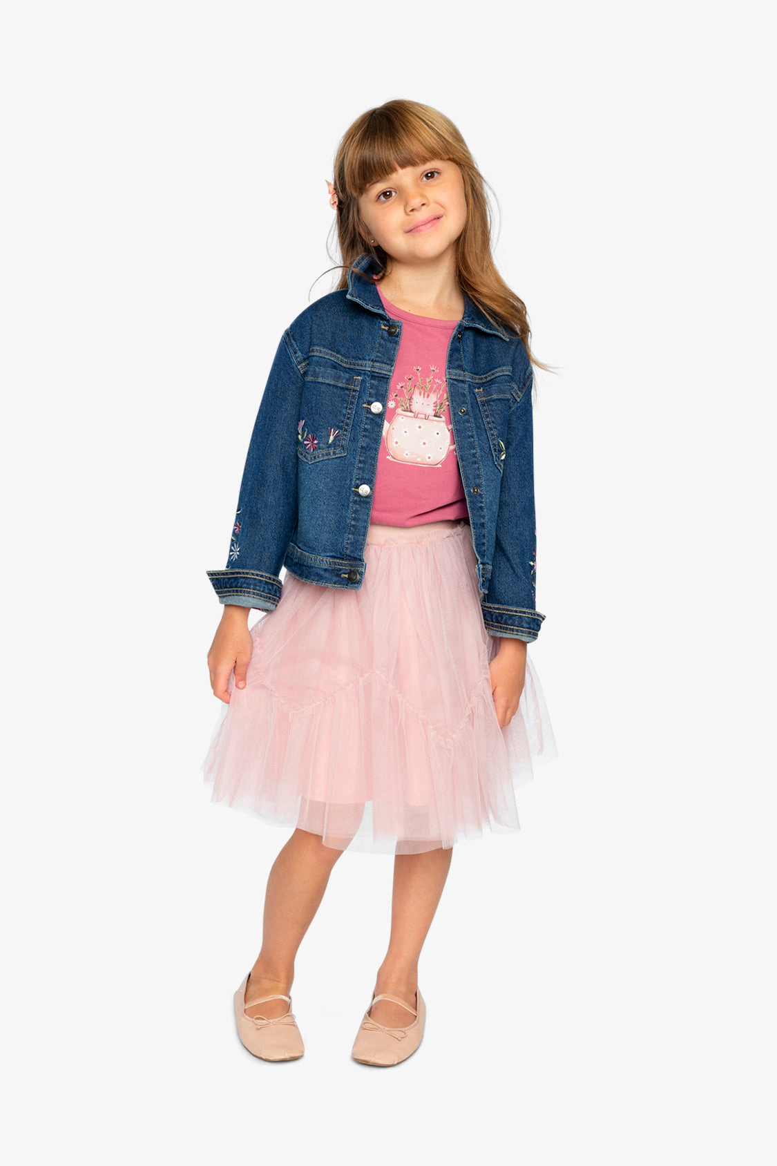 Deux par Girls Flower Embroidered Stretch Denim Jacket
