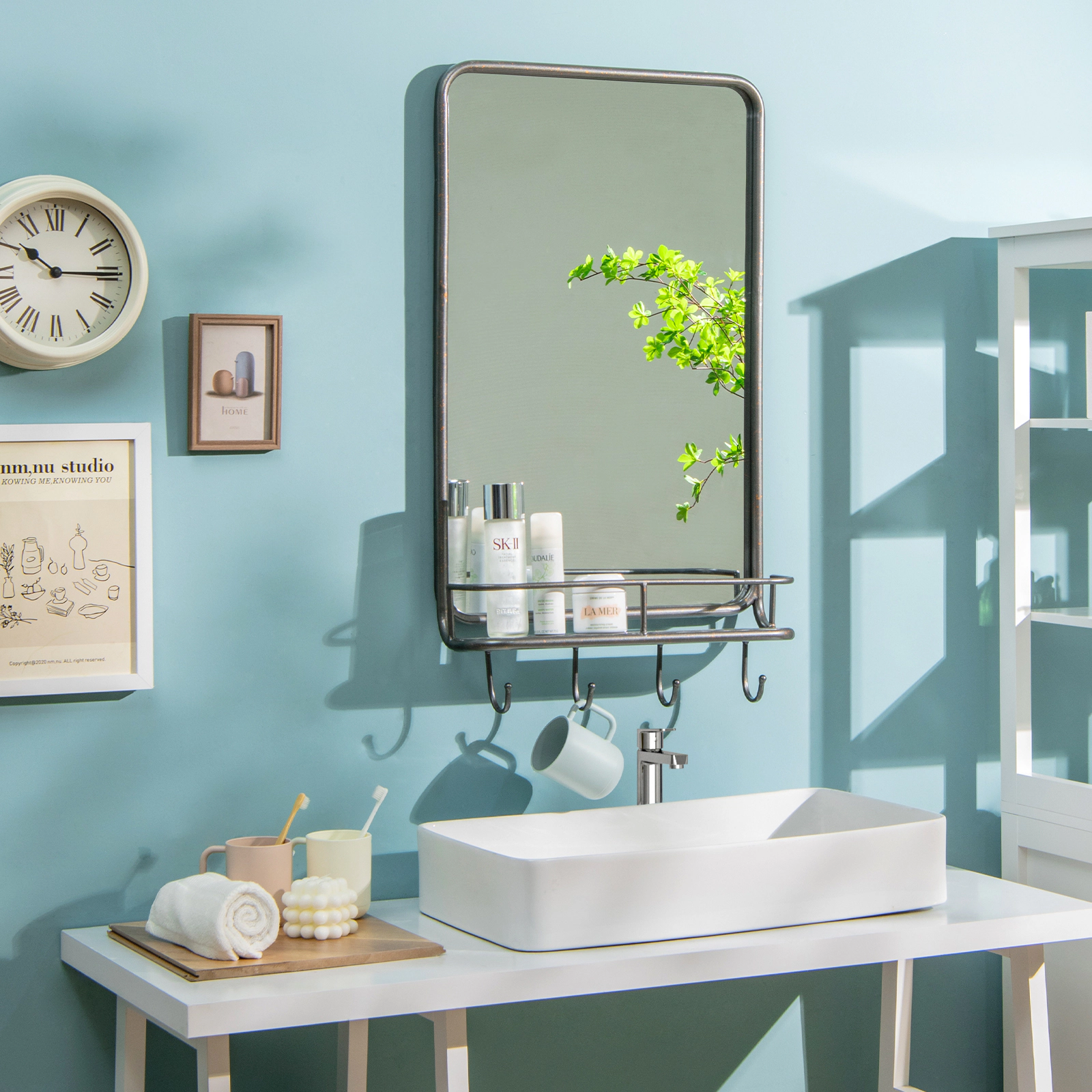 Slickblue Wall Mounted Bathroom Mirror with Shelf and Hooks, Metal Frame Storage Mirror