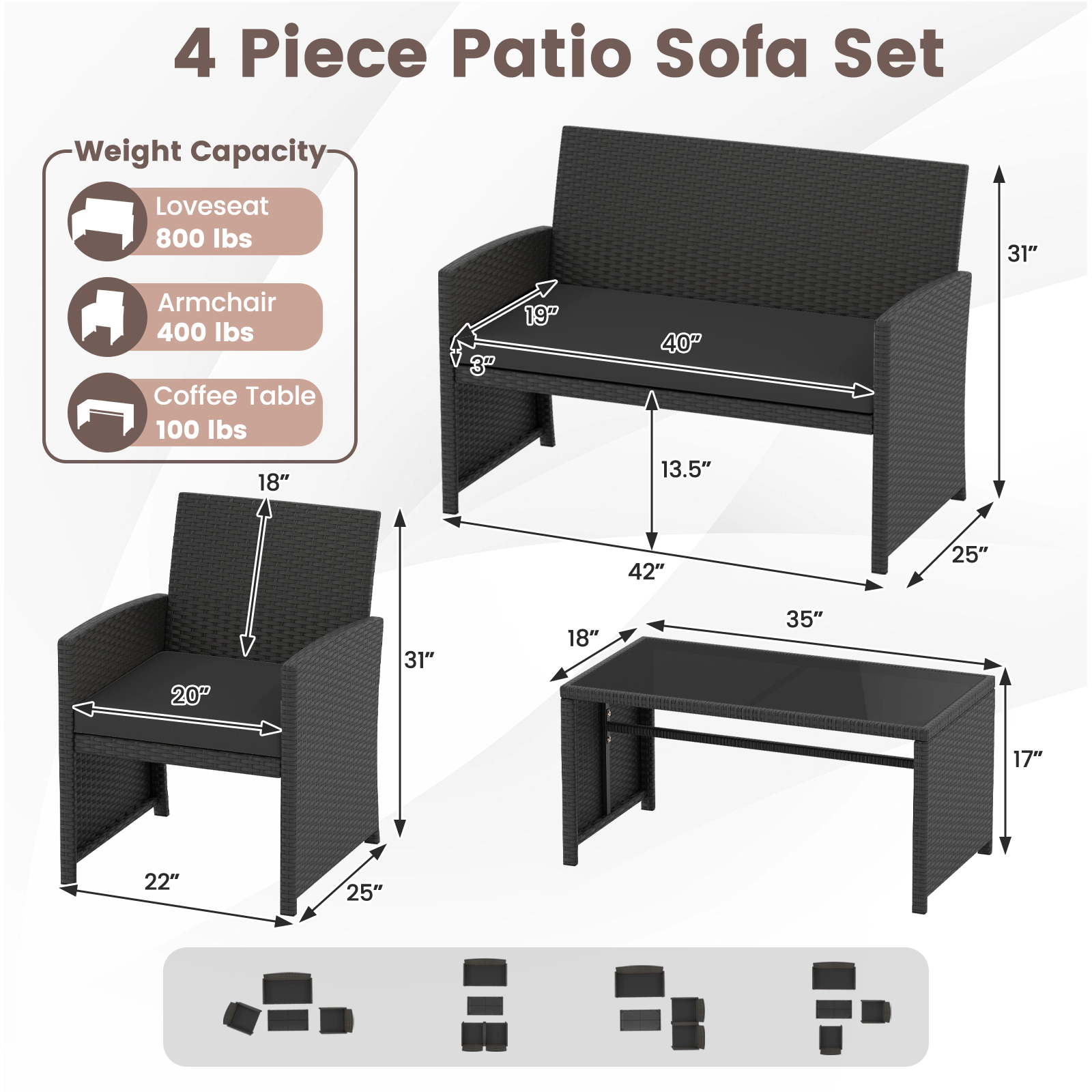 SUGIFT 4-Piece Black Rattan Patio Sofa Set with Loveseat, 2 Sofas and Coffee Table