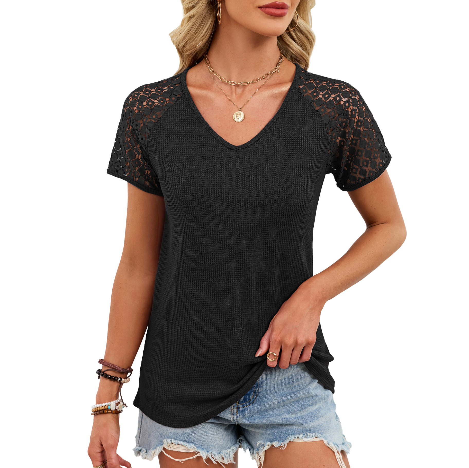 Enchanted Funland Womens V‑Neck Waffle Knit Crochet Lace Raglan Short Sleeve Tops