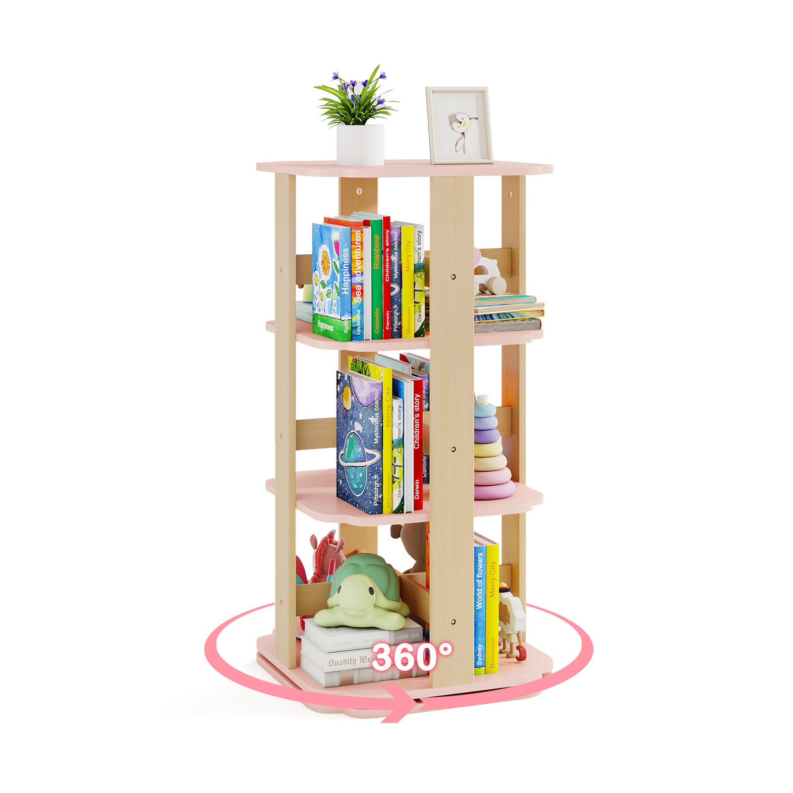 SUGIFT 3-Tier Rotating Corner Toddler Book Rack Toy Organizer with 12 Sectors 38-in Tall Ages 3+ Pink MDF