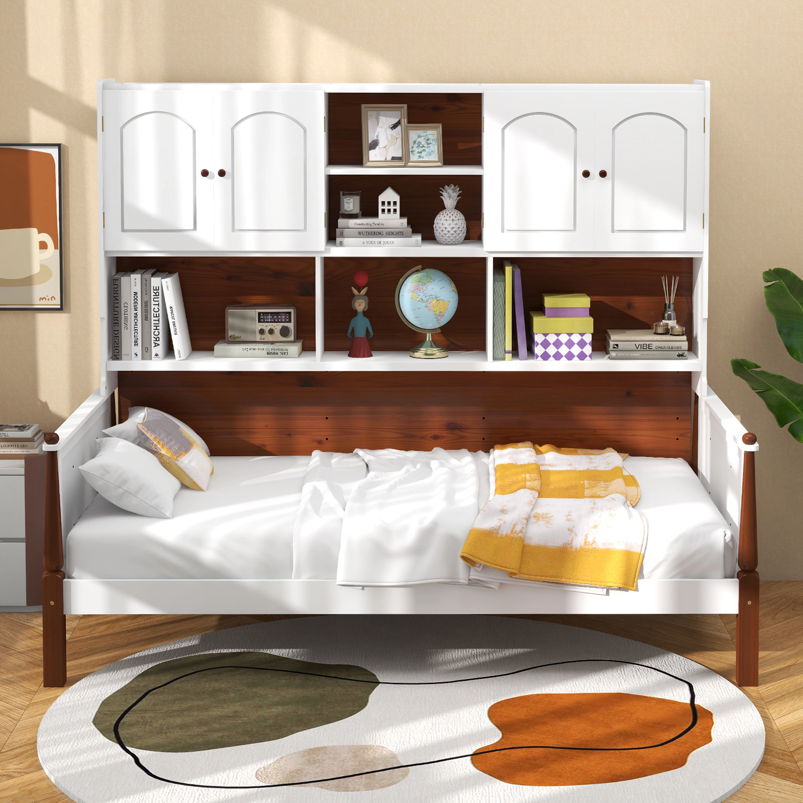SUGIFT Twin Platform Bed with Bookcase Headboard, 2 Cabinets, 5 Shelves, White
