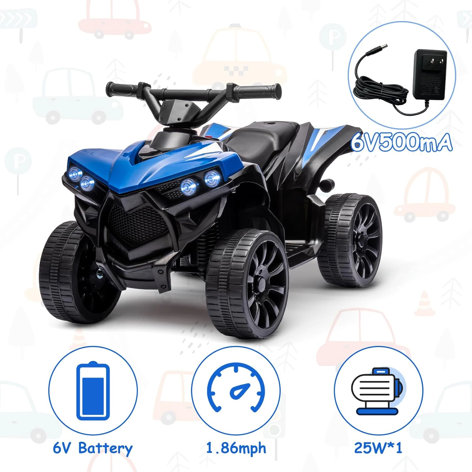 Enjyam 6V Kids ATV Quad Ride On Toy, Electric 4-Wheeler w/1.8MPH Speed, Music, LED Headlight, Foot Pedal