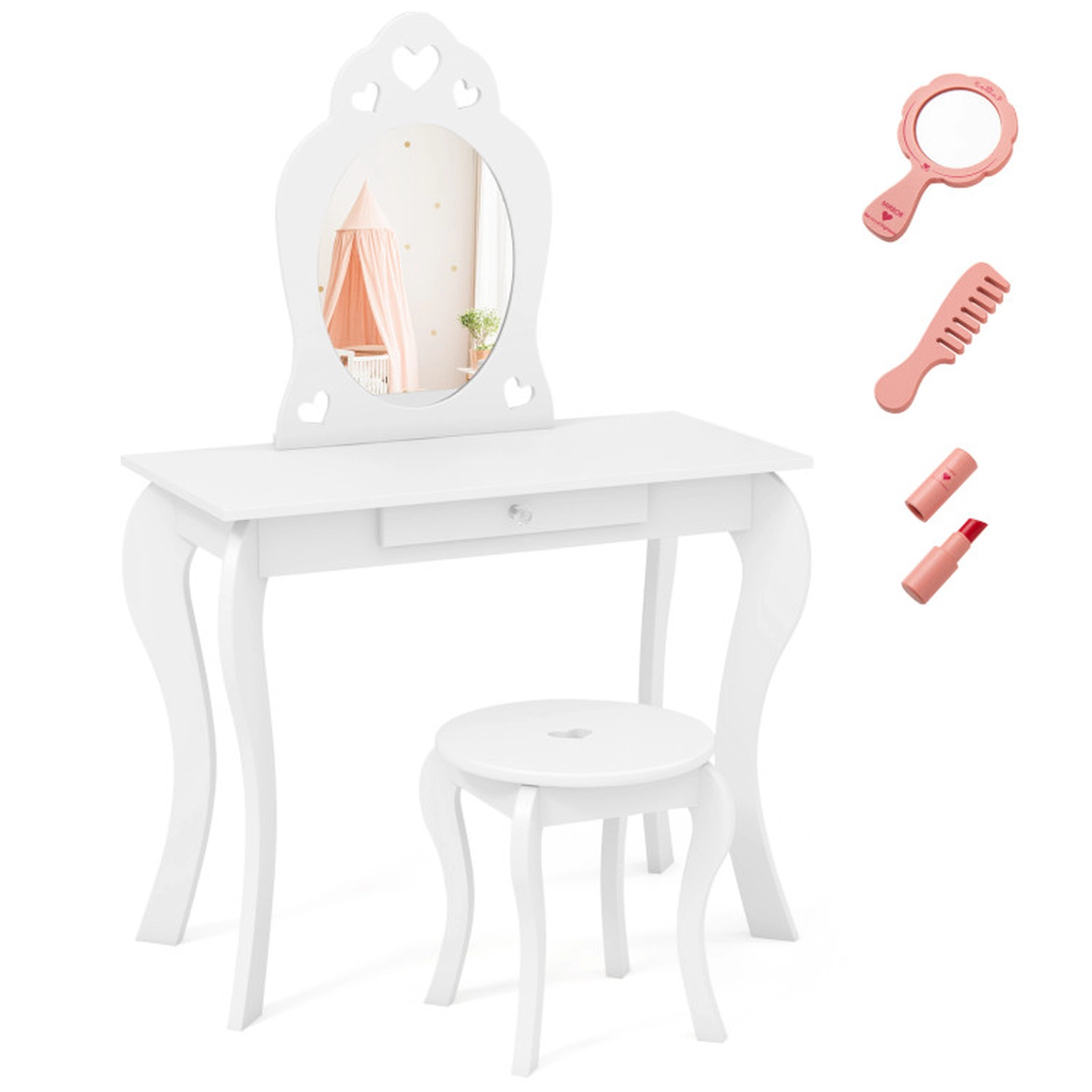 SUGIFT Kids Princess Makeup Dressing Vanity Table and Stool Set with Mirror 66-lb Stool Capacity Pink/White