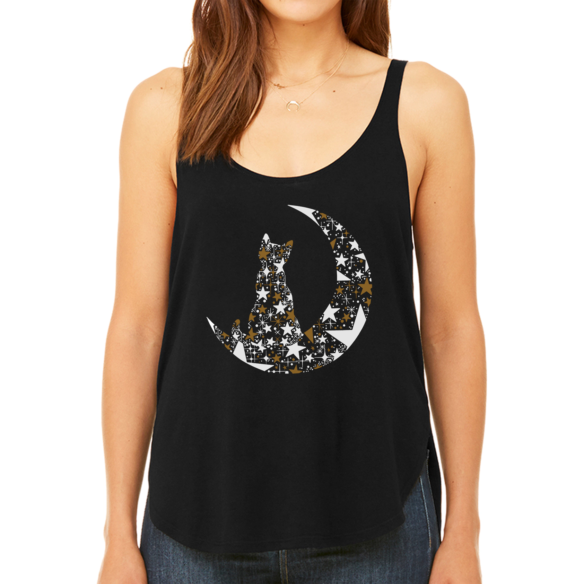 LA Pop Art Women's Premium Word Flowy Tank - Cat Sitting On Moon