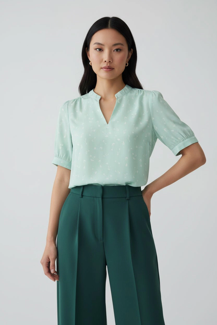 DressAtR Women's Round Split Neck Elbow Sleeve Pullover Blouse