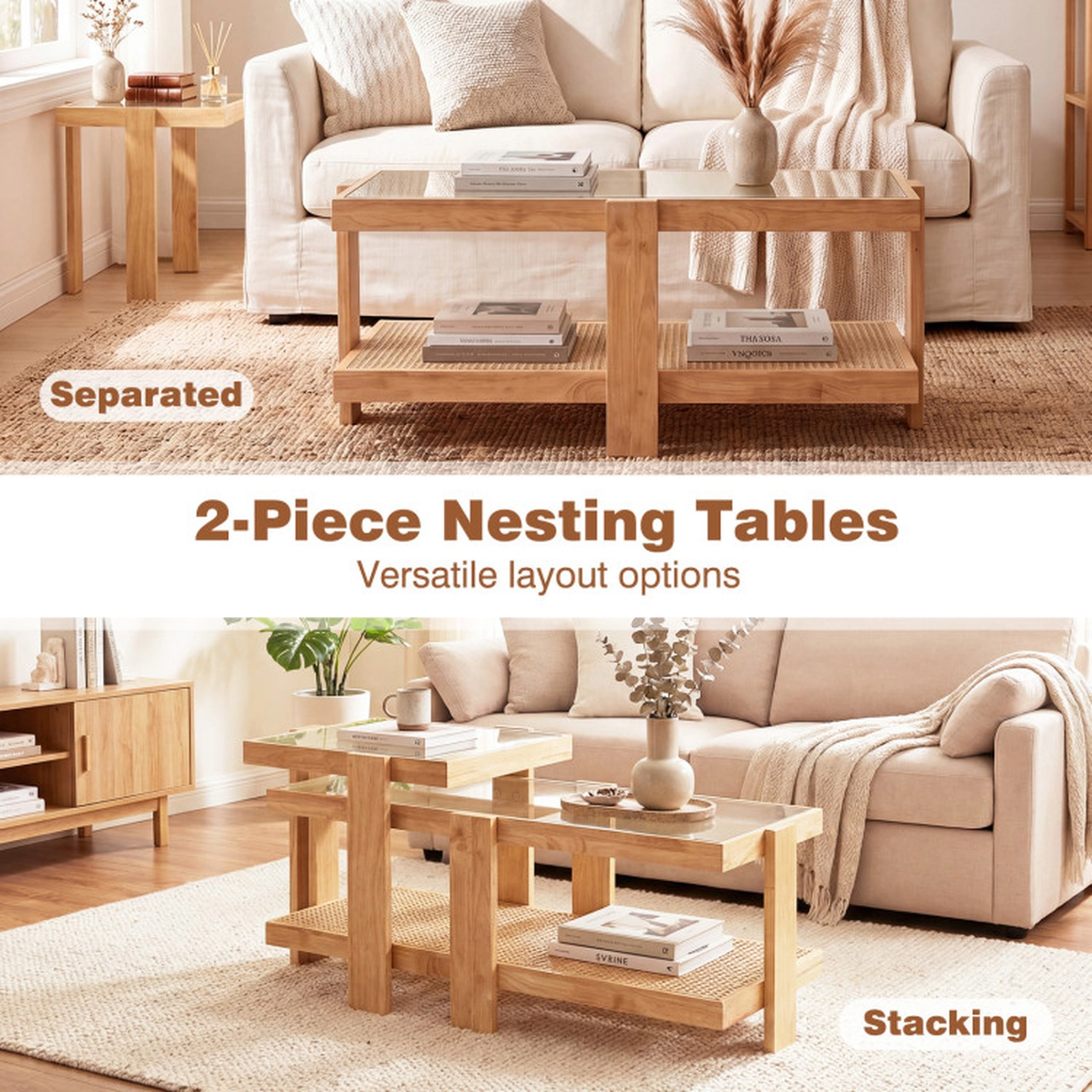 SUGIFT Set of 2 Nesting Coffee Tables with Tempered Glass Tops and Rattan Shelf 185-Lb Large Top Capacity Natural