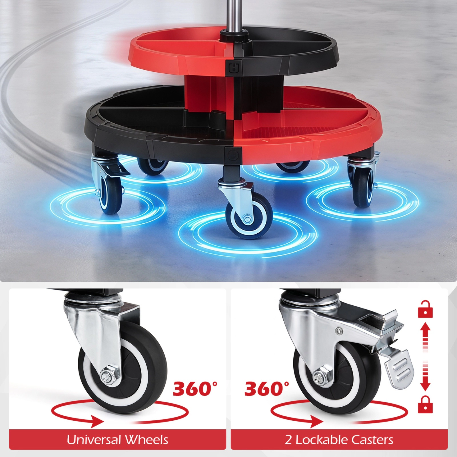 SUGIFT Adjustable Rolling Mechanic Stool with Cushioned Seat and Tool Storage Shelving 330-lb Capacity Red + Black