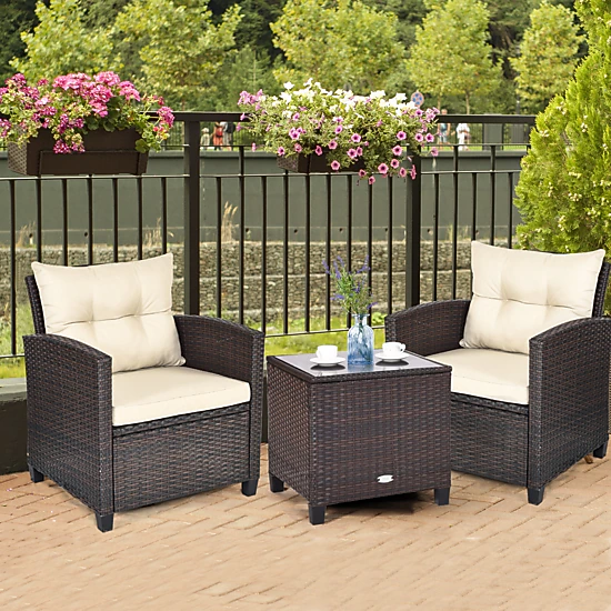 SUGIFT Patio Rattan Furniture Conversation Set with Cushions and Coffee Table 360-lb Chair Capacity Beige