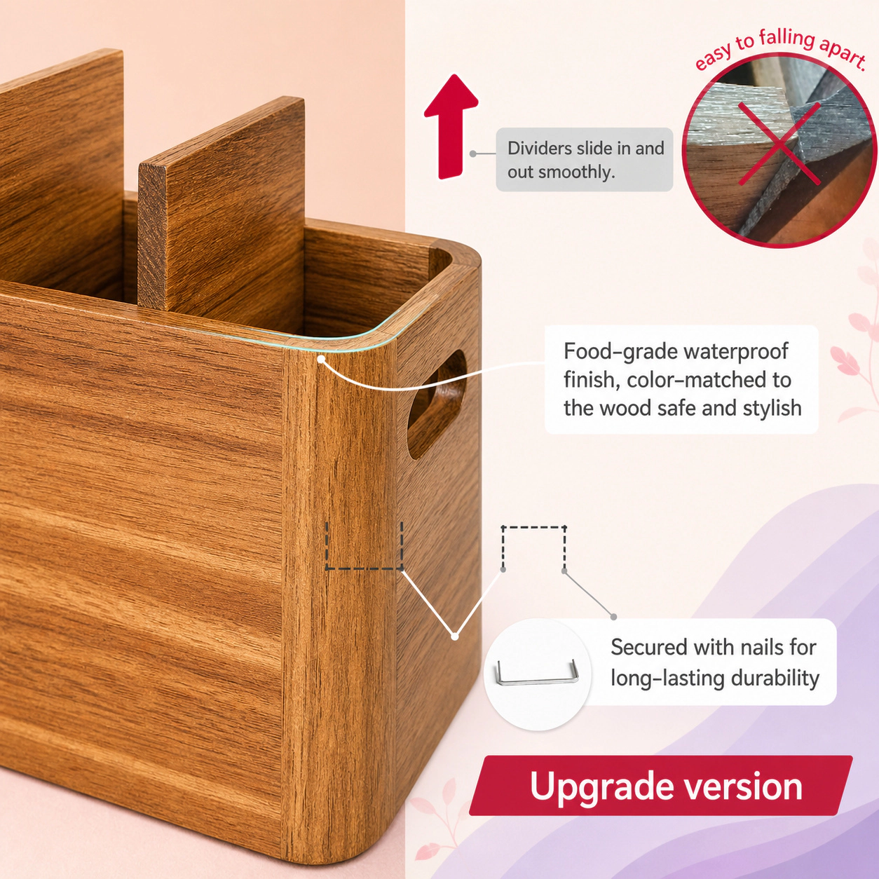 WZK Rustic Wood Removable Partition Kitchen Utensil Holder