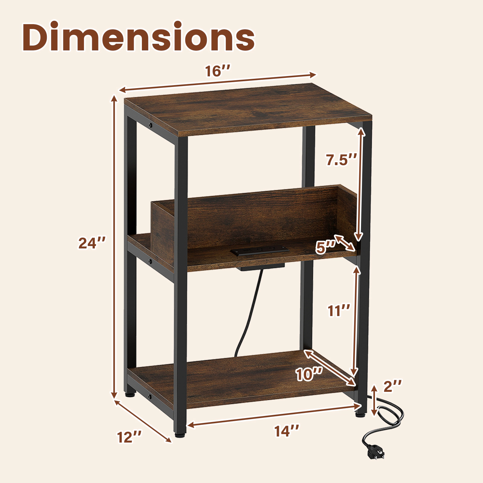 Slickblue Rustic Brown End Table with Hidden Charging Station & 3 Storage Shelves