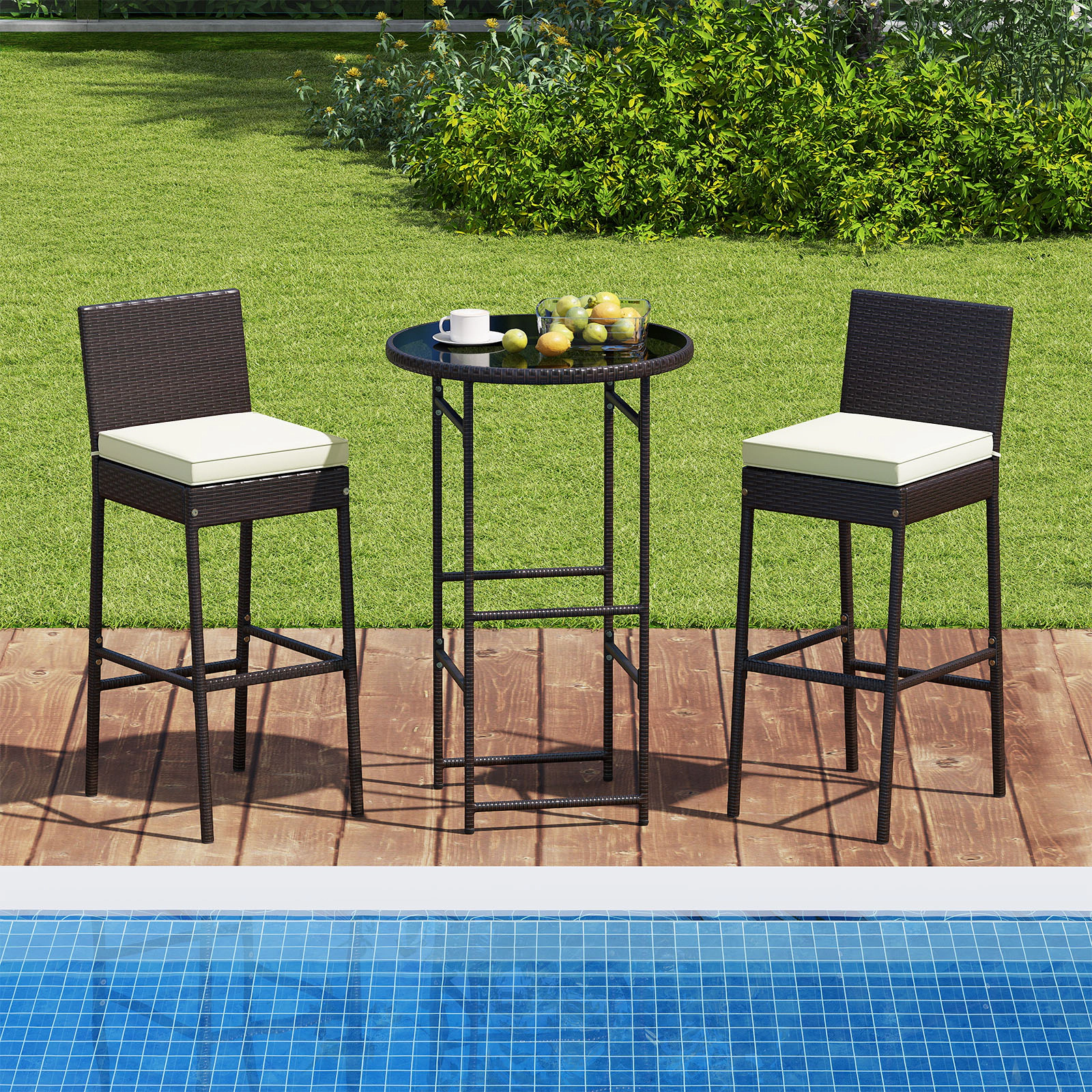 LJG 3 Piece Outdoor Bar Set Patio Heavy-Duty Metal Barstool and Table Set