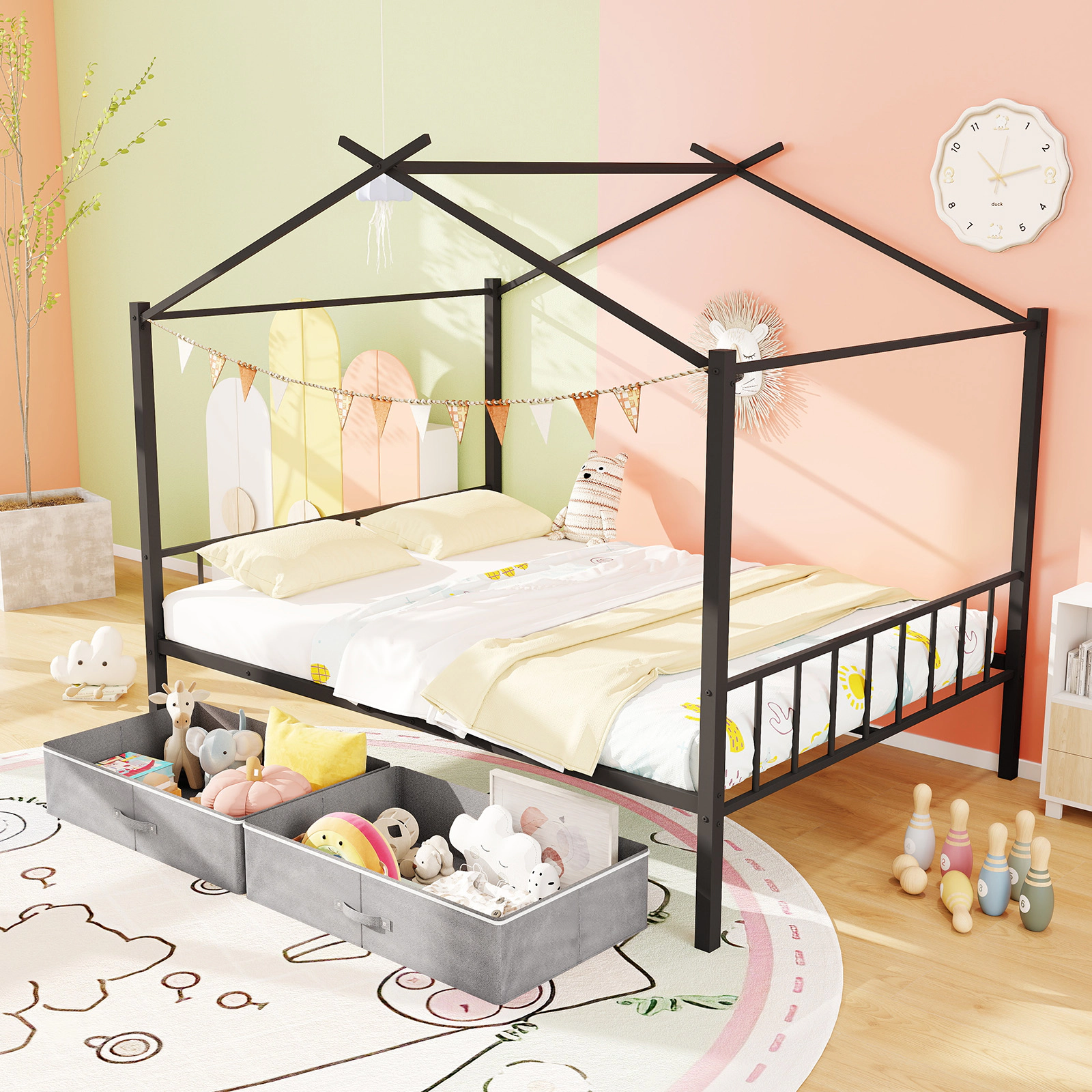 SUGIFT Full-Size Metal House Bed for Kids, 2 Zippered Drawers, Black
