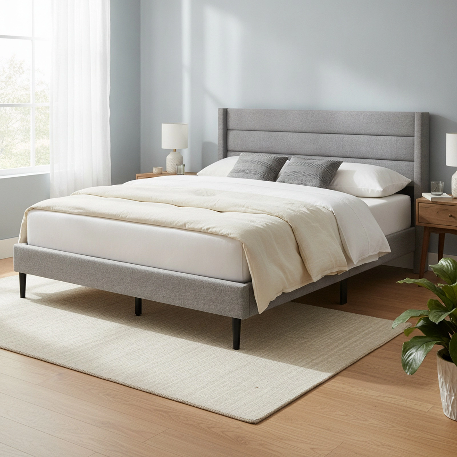 Queen Size Linen Upholstered Platform Bed Frame with Quilted Wingback Headboard 10 Ventilated Plywood Slats Grey