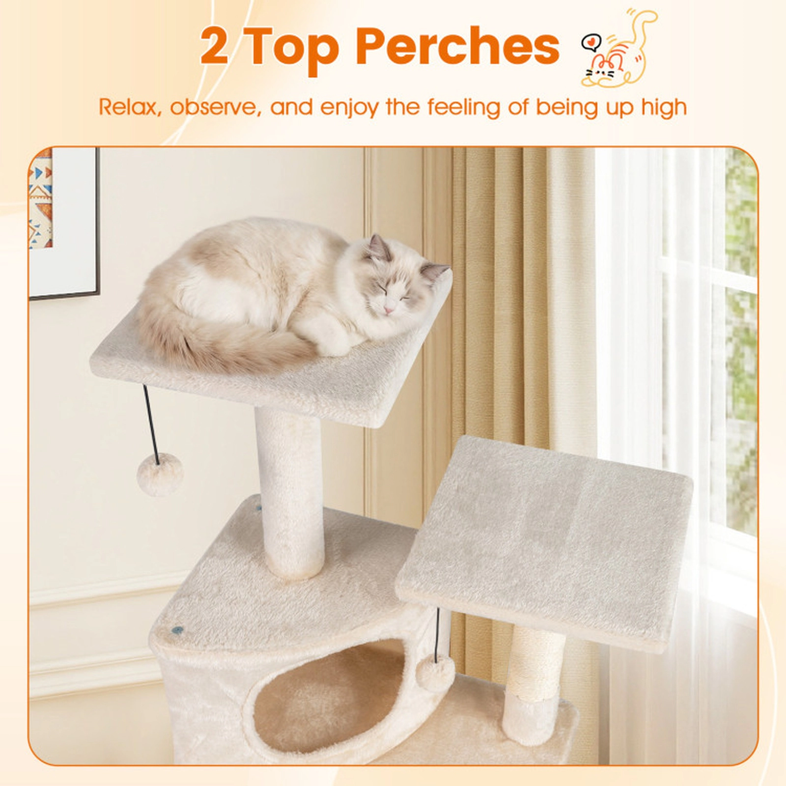 SUGIFT Multi-Level Cat Tree Tower with Condo Ramp and 2 Plush Perches 44-in Tall 22-lb Capacity Beige