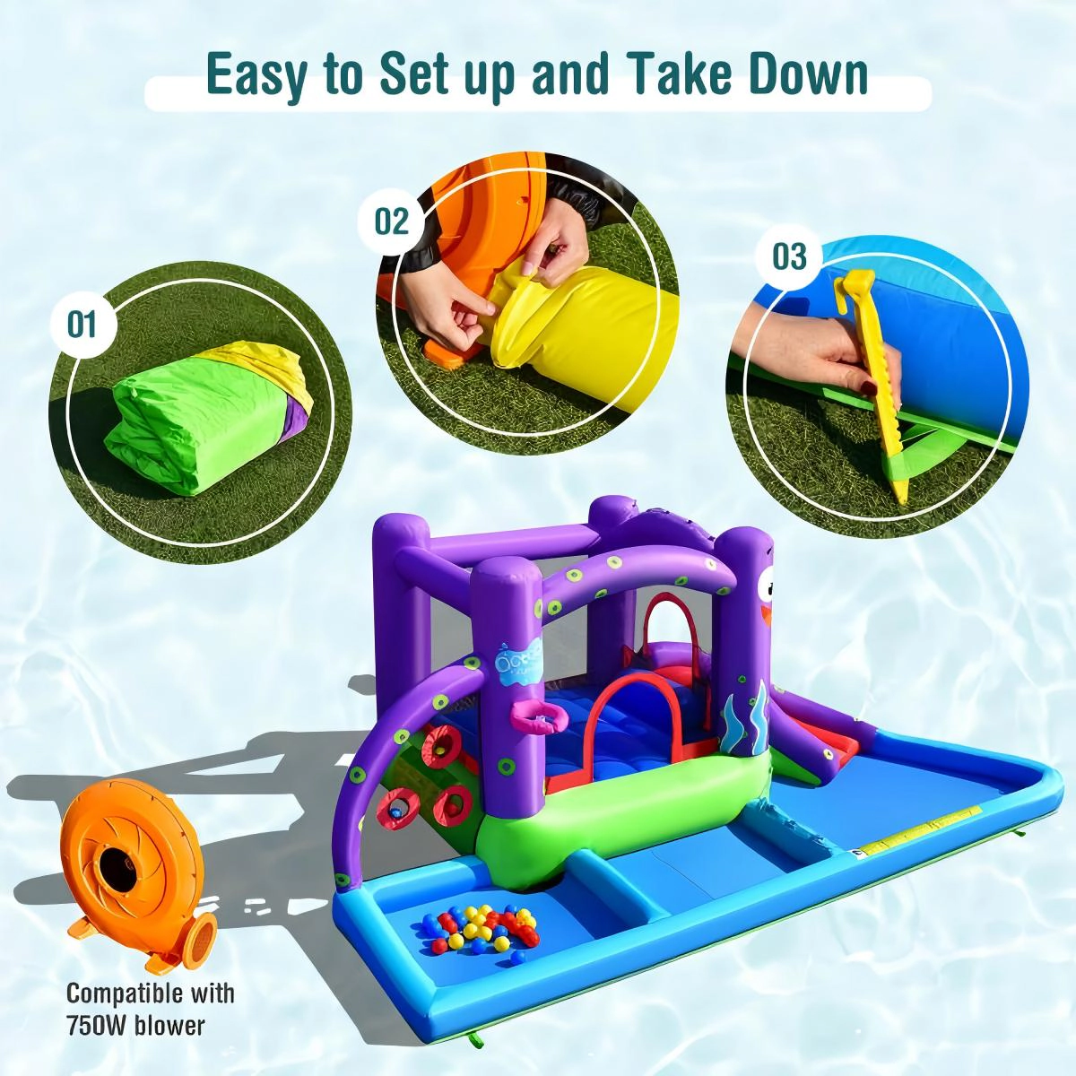 SUGIFT Octopus Inflatable Water Slide Bounce Castle with Ball Pit Splash Pool and Basketball Rim