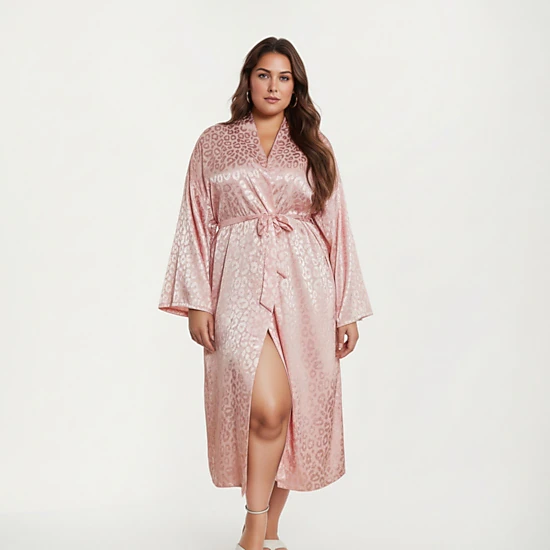 Anna-Kaci Women's Satin Jacquard Leopard Pattern Robe Waist Tie Silky Fabric Wide Sleeves and Longline Silhouette