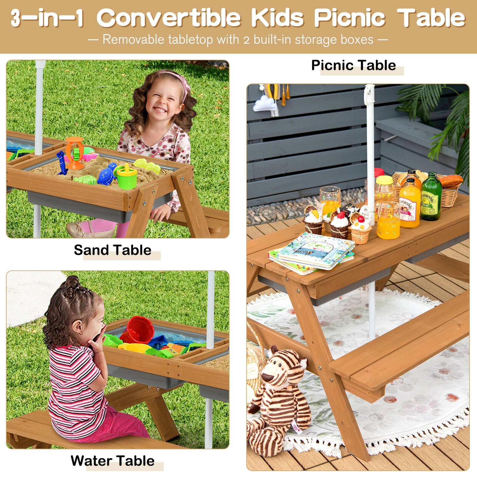 SUGIFT 3-in-1 Kids Outdoor Picnic Water Sand Table and Bench Set with Umbrella 110-lb Tabletop Capacity Ages 3-7 Green