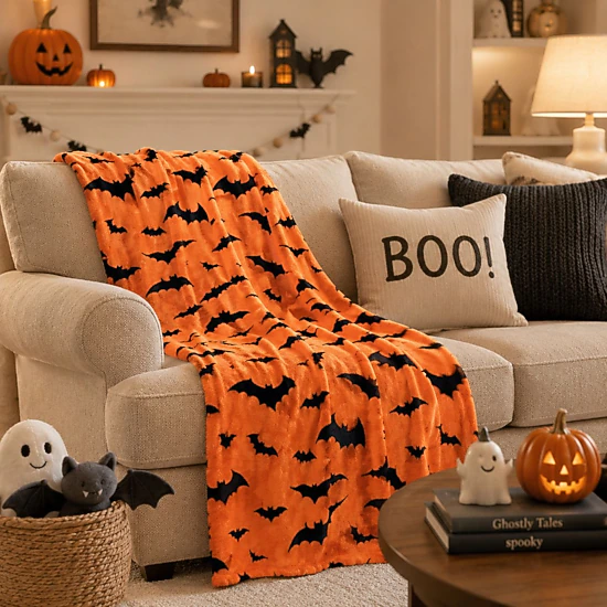 Kate Aurora Halloween Spooky Bats Rustic Orange & Black Ultra Soft ...