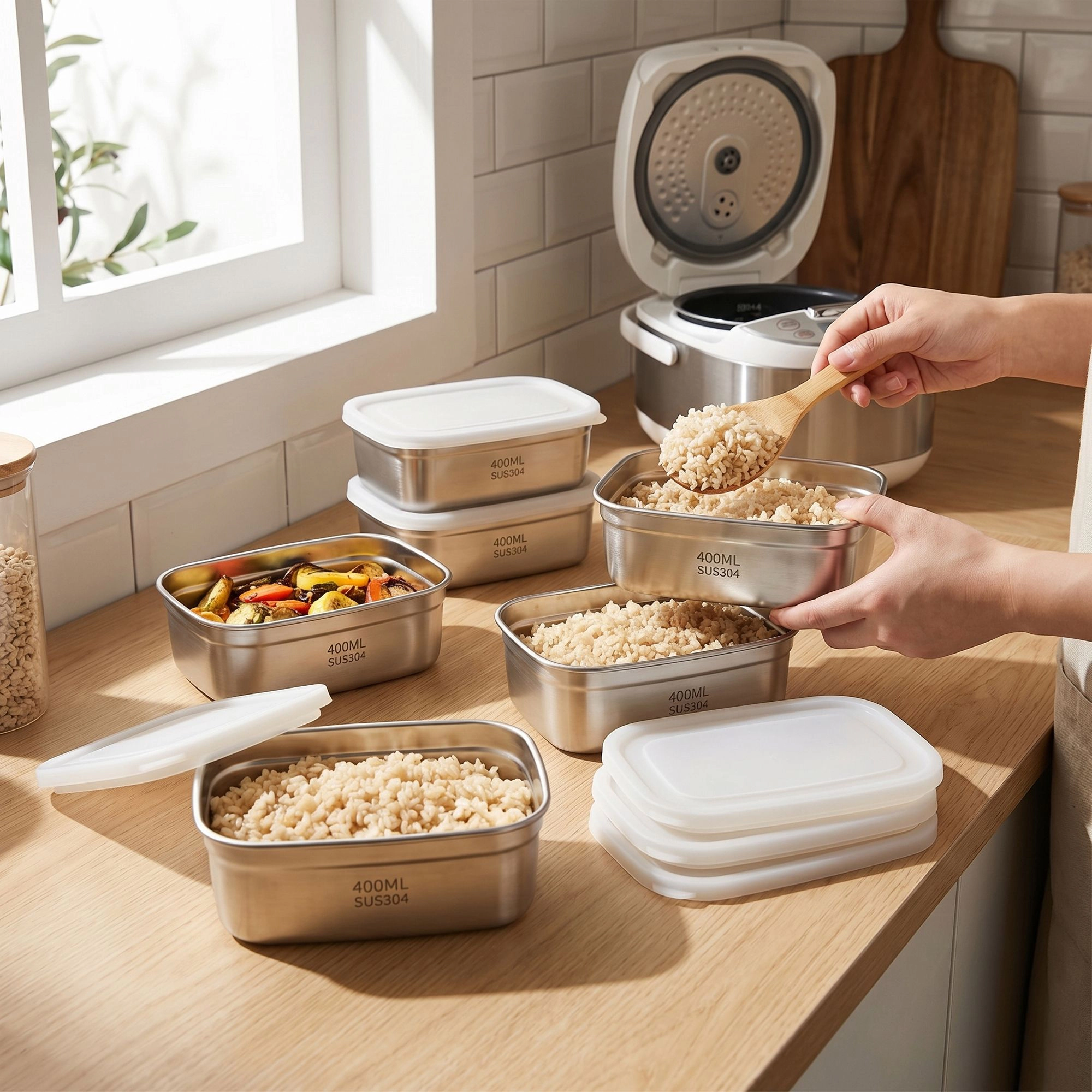 Alilang Unisex 2 Pack Stainless Steel Food Storage Container 400ml Airtight Lid Compact Meal Prep Box Reusable Kitchen S