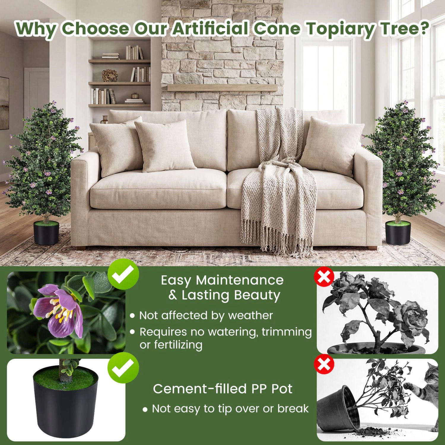 Slickblue Artificial Topiary Tree with Cement Pot for Indoor Outdoor
