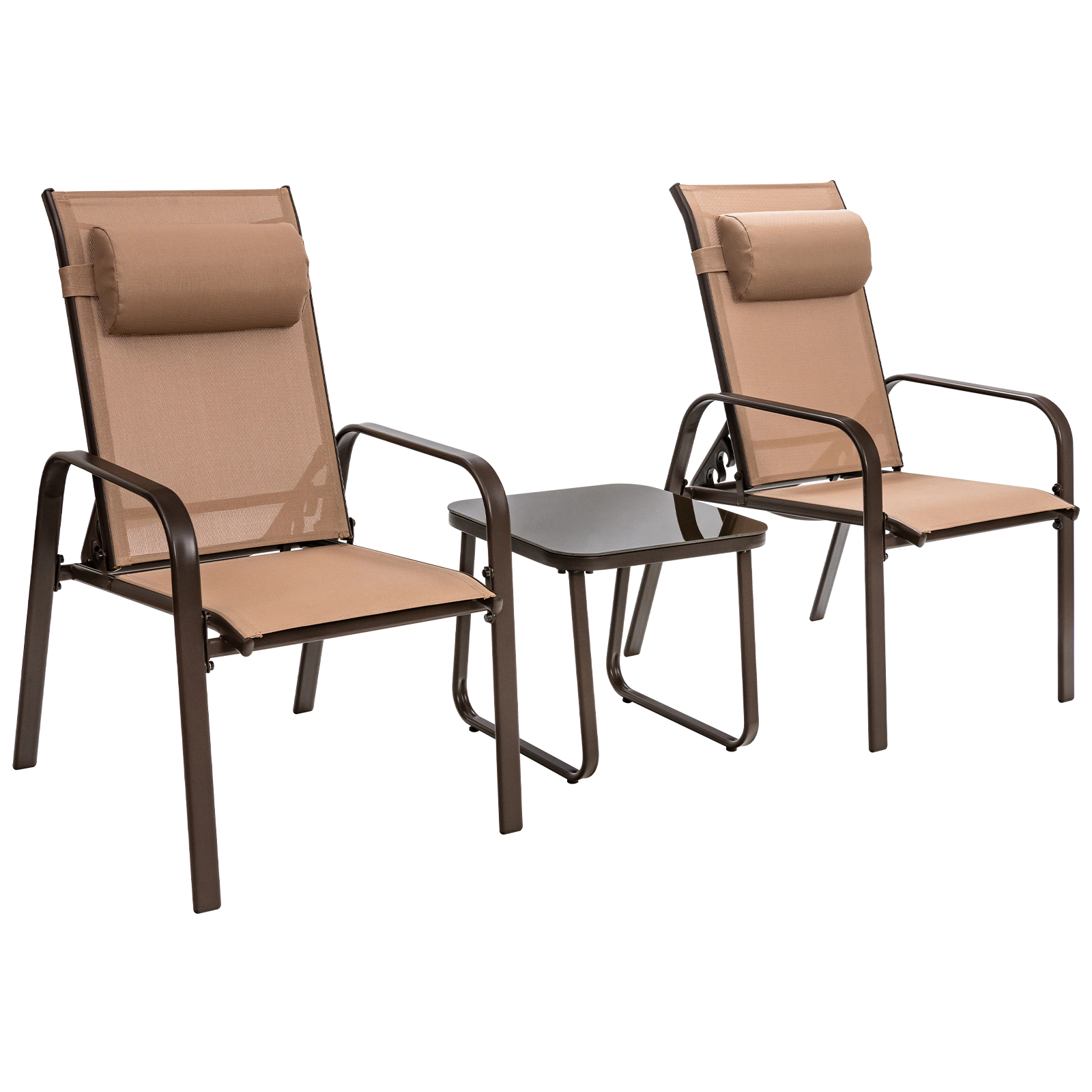 SUGIFT 3-Piece Black Patio Bistro Set, Folding Reclining Chairs and Tempered Glass Table