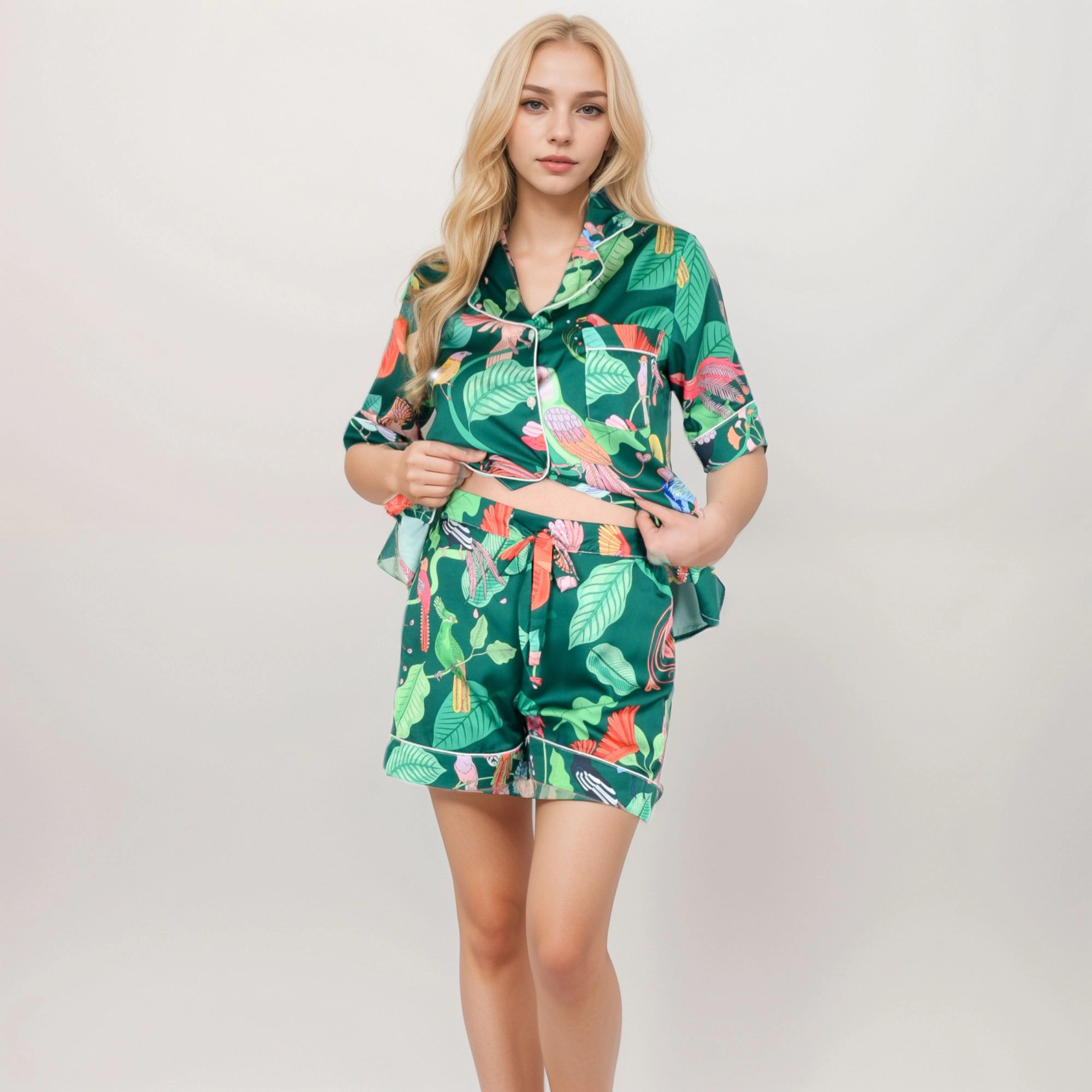 Anna-Kaci Women's Tropical Bird Print Satin Pajama Set Short Sleeve Button Up Top and Relaxed Fit Elastic Waist Shorts
