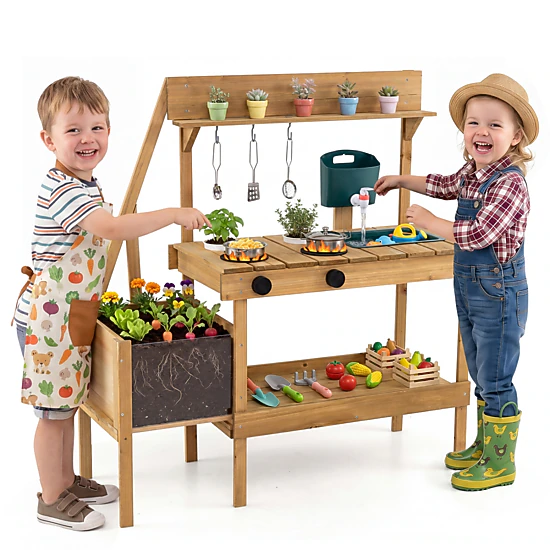 LJG Kids Mud Kitchen Wooden Play Kitchen with Planter Box, Color