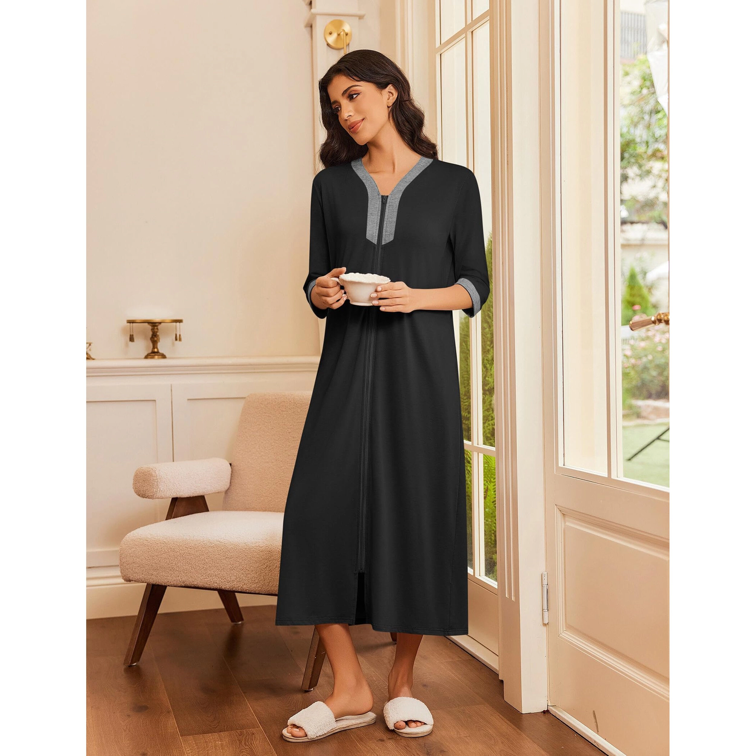 Ekouaer Women's Zipper Robe 3/4 Sleeves Housecoat Full Length Nightgown Soft Loungewear