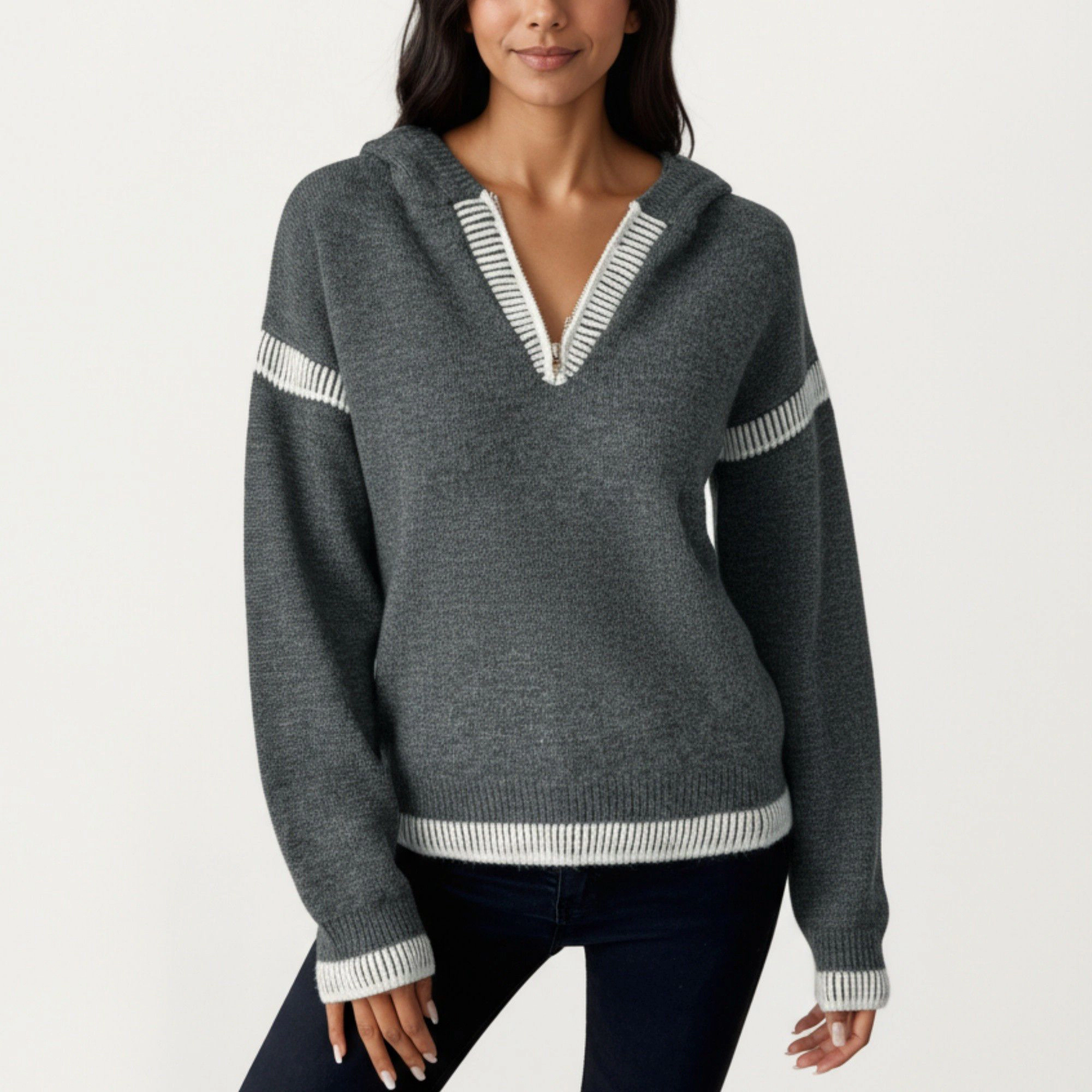 Anna-Kaci Women's Contrast Trim V-Neck Long Sleeve Knit Hoodie