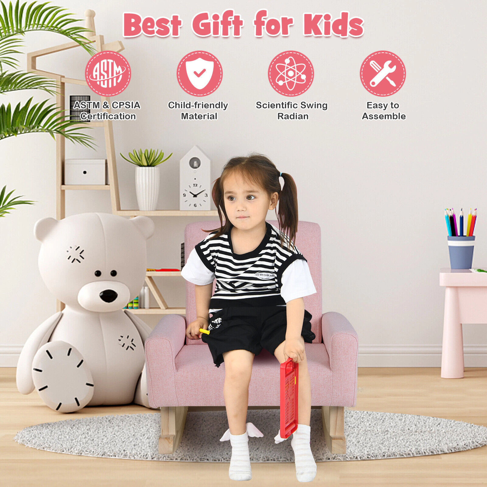 Kids Rocking Chair Toddler Rocker with Linen Upholstery Solid Poplar Wood Legs Anti-Tip Curved Runners Pink