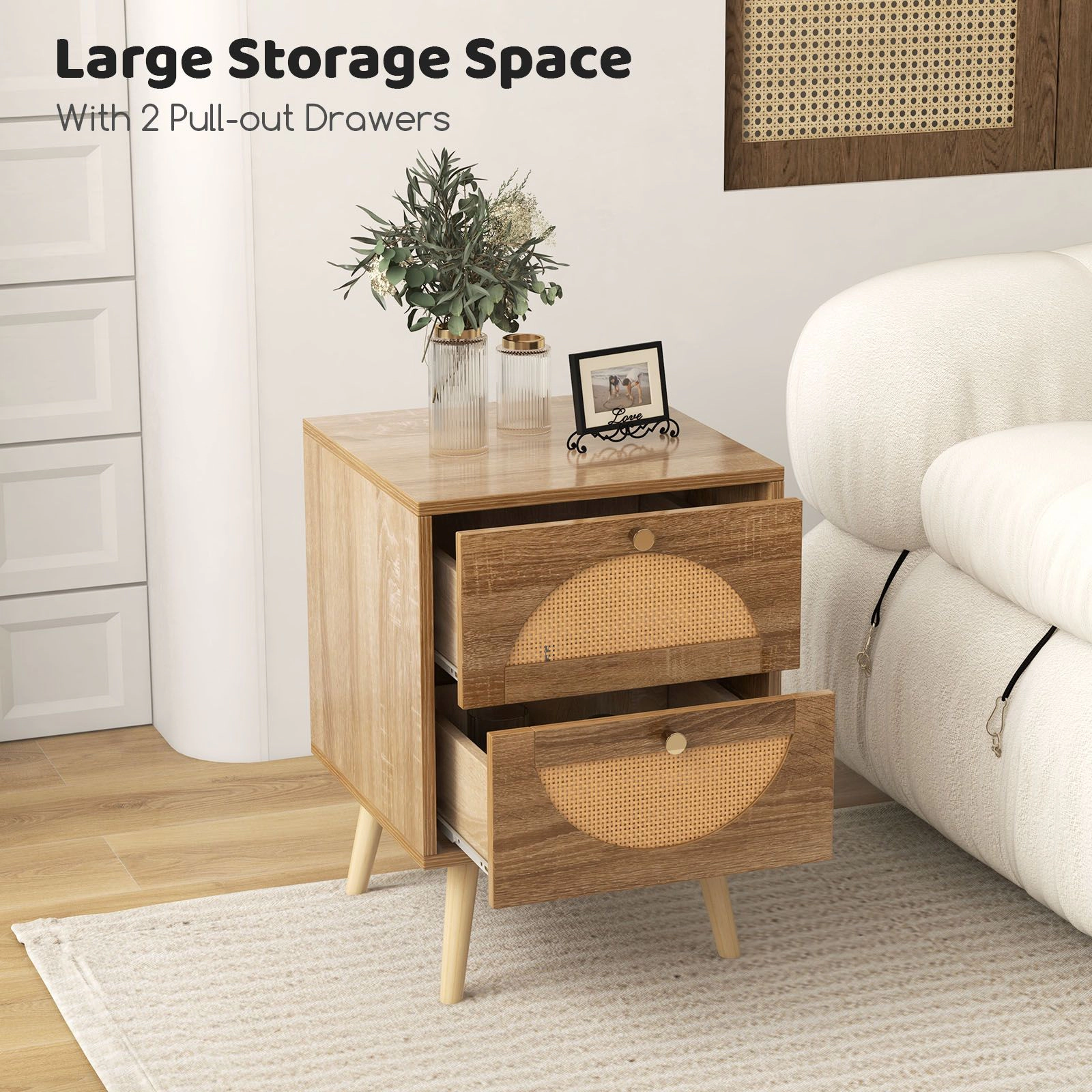 SlickBlue 2-Tier Rattan Nightstand with Two Drawers