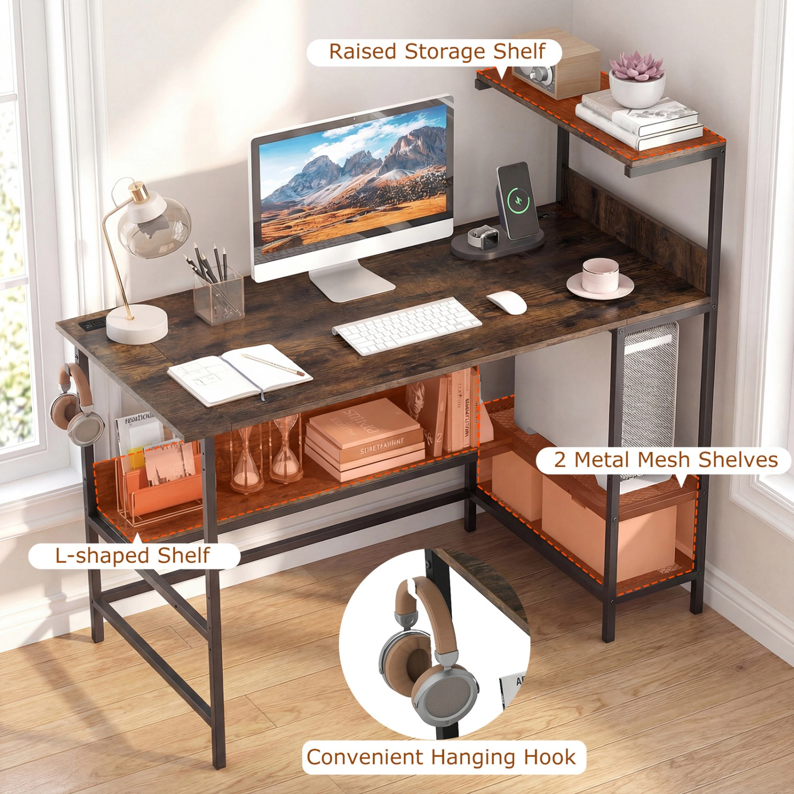 SUGIFT 48-Inch Rustic Brown Computer Desk with 3-Tier Storage Tower and Mesh Shelves
